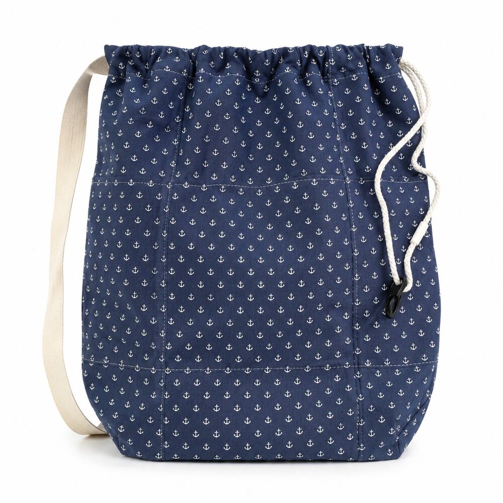 West Elm Market Navy Anchor Print Drawstring Laundry Beach Tote Bag Cotton Large